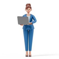 A woman holds a laptop, standing confidently, symbolizing professionalism and technology use. 3D rendering, conceptual image. Isolated on white background.