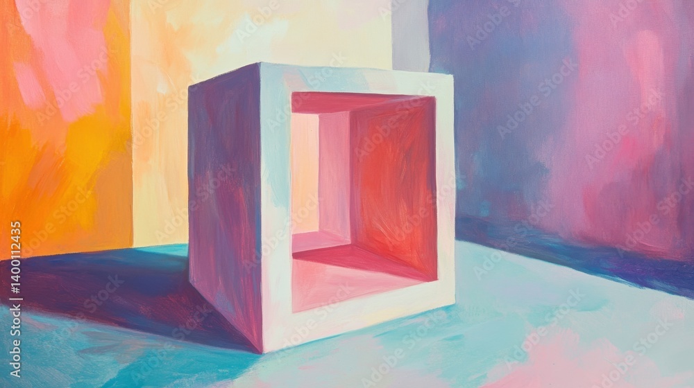 Poster geometric abstraction with cube and colorful walls creating a modern art composition with pastel hue