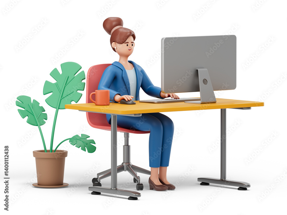 Poster a woman sits at a desk using a computer, symbolizing focused work in a comfortable environment. 3d r