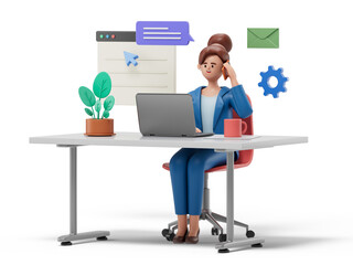 A woman at a desk with a laptop, speaking on the phone, symbolizing multitasking and communication. 3D rendering, conceptual image. Isolated on white background.