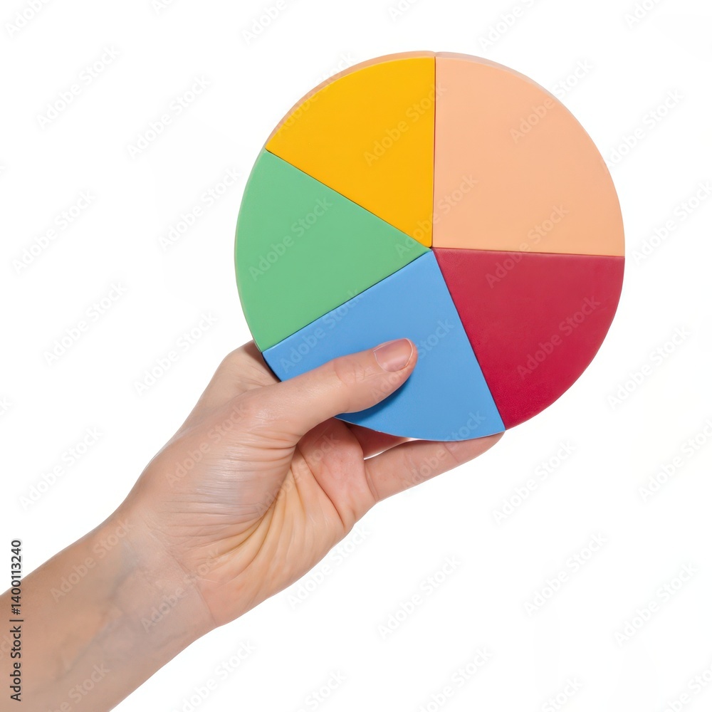 Poster A hand holding a colorful, segmented circular object, likely a toy or educational tool, featuring five distinct sections in various colors.