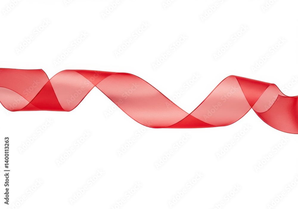 Poster a single red ribbon flowing horizontally on a white background with a wavy and translucent appearanc