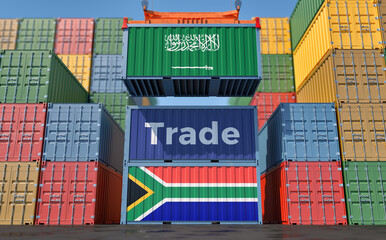 Cargo Container with Saudi Arabia and South Africa flag. 3D Rendering