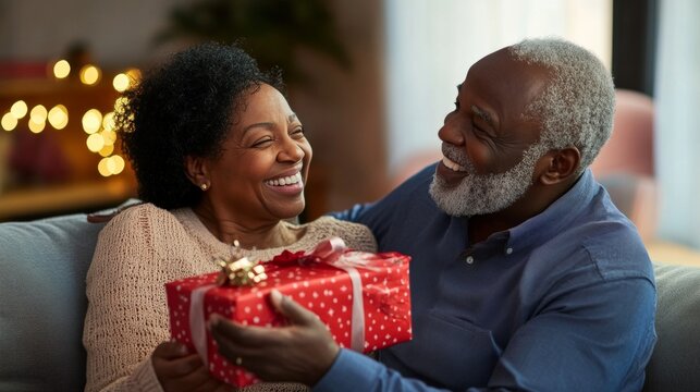 Joyful senior african american couple sharing gifts on valentine s day in a realistic setting