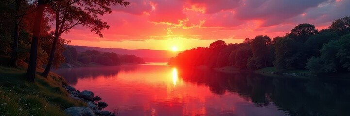Fototapeta premium Crimson sun dips below Danube, illuminating riverside trees , tranquil, crimson