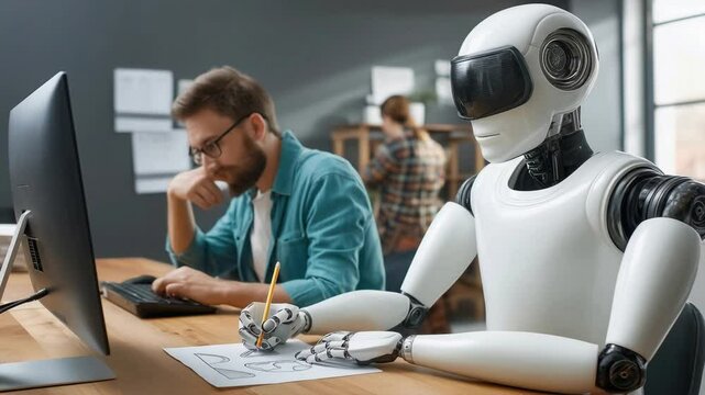 Humanoid robot with white shell draws with pencil on paper while young bearded man in turquoise shirt works on computer. Woman in plaid shirt moves in background of modern office with gray walls