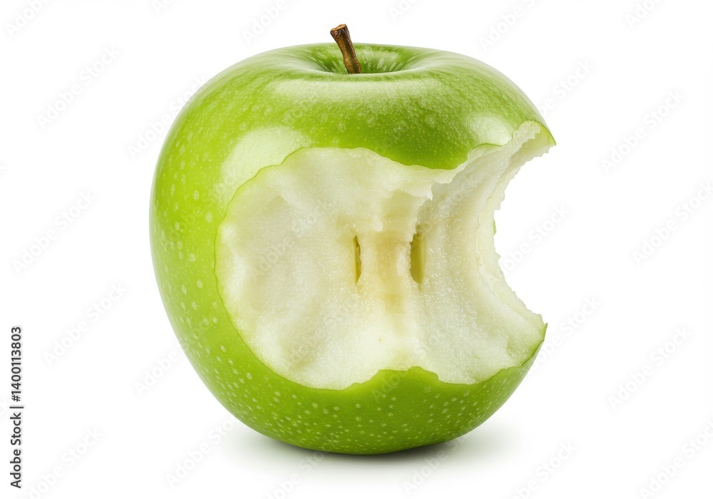 Poster a green apple with a bite taken out of it on a white background in a studio environment setting
