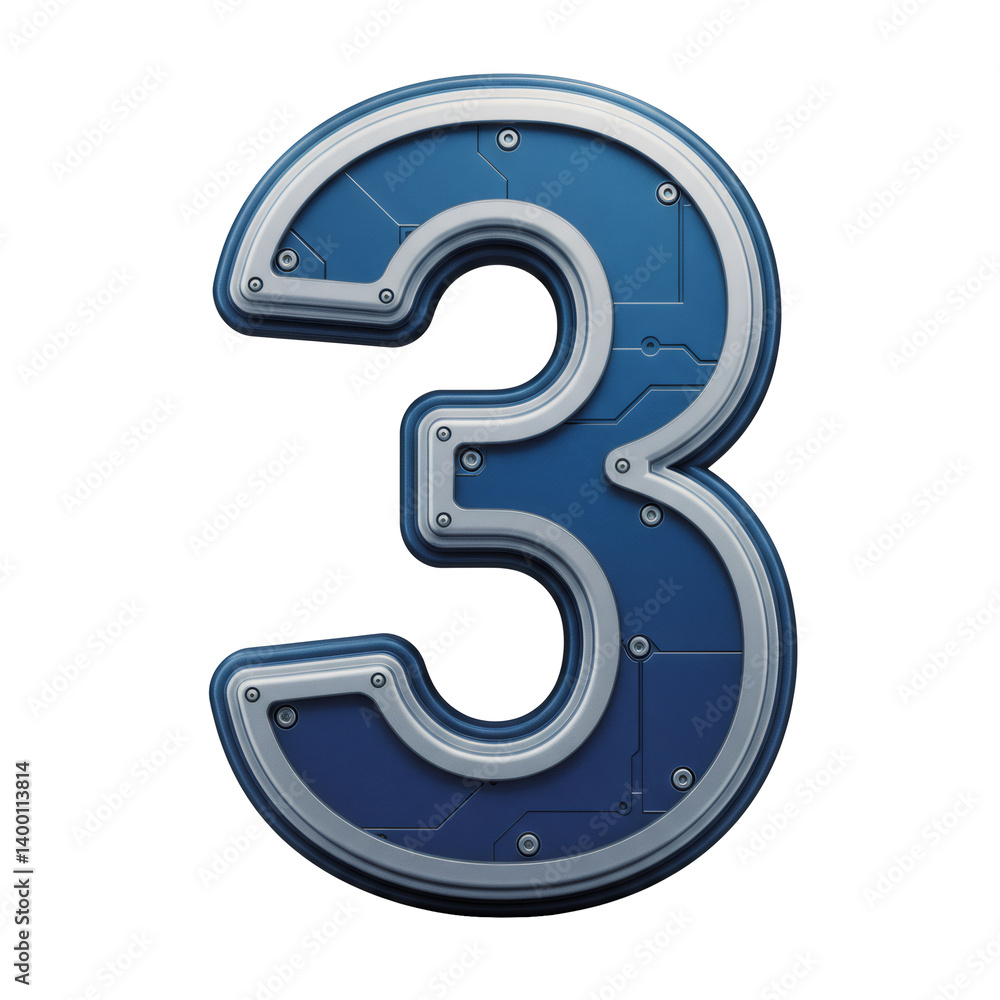 Poster metallic blue number three digit with circuit texture