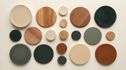 Artistic wooden plate arrangement studio decorative display minimalist top view