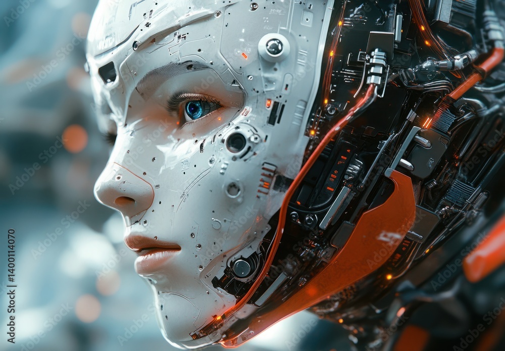 Poster futuristic humanoid robot design with intricate details and glowing elements, showcasing advanced te