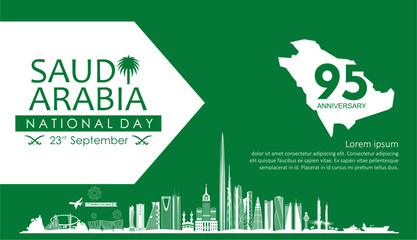 Fototapeta premium Elegant Saudi Arabia National Day 2025 banner with future skyline silhouette, fireworks, and 95 years anniversary design. Perfect for KSA national day 2025 celebration. 