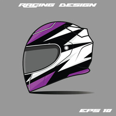Stylish racing helmet design featuring bold purple and white graphics on a gray background
