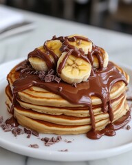 Delicious pancake stack with banana slices and chocolate sauce tempting breakfast indulgence sweet treat close up view culinary delight food photography