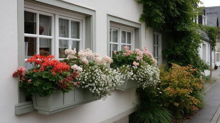 Charming flower boxes enhance the beauty of a picturesque building that lines a delightful street in a serene neighborhood