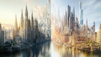 Fototapeta premium Dual Dimensions: A Cityscape Blend of Gothic Grandeur and Modern Metropolis