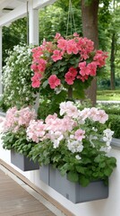 Colorful floral display in a well-maintained garden with hanging and potted flowers during late spring sunshine