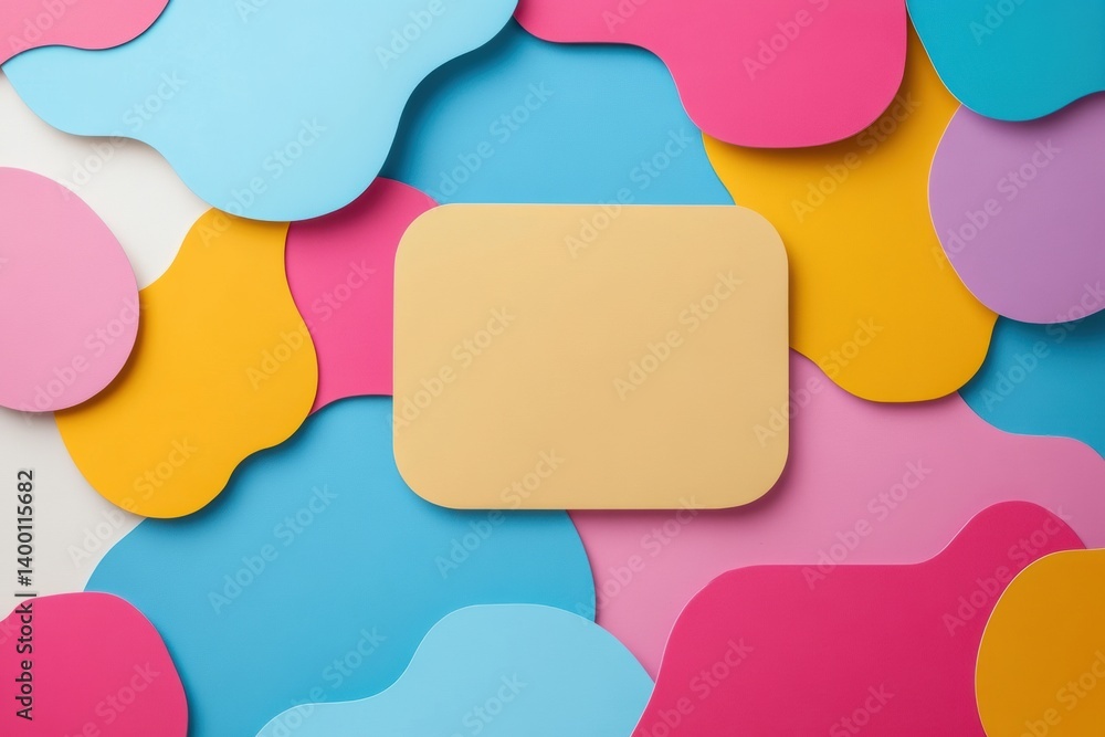 Poster Colorful minimalist label sticker shapes arranged on a vibrant background featuring abstract forms and ample space for text