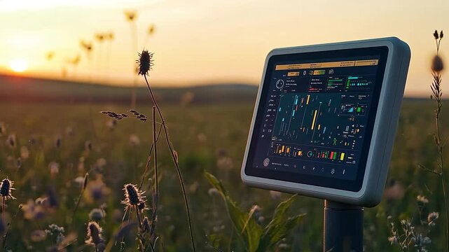Precision agriculture technology enhancing efficiency on farm landscape at sunset