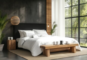 Modern Minimalist Bedroom with Large Windows, Cozy Bedding, and Natural Elements in a Contemporary Design