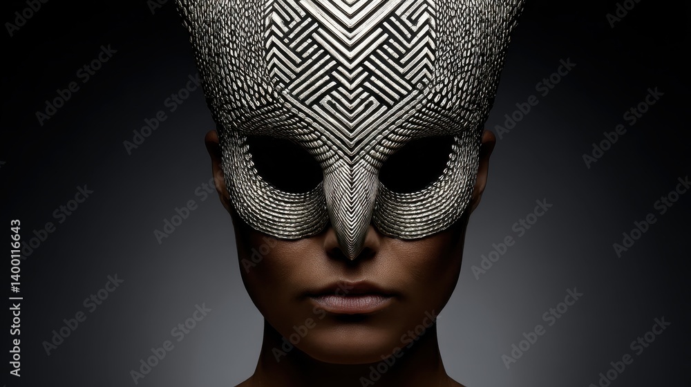 Poster monochrome masked person with intricate pattern covering face in high contrast lighting concept port
