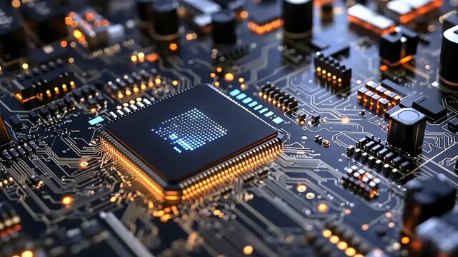 Close-up view of a modern microchip on a circuit board, showcasing intricate details and glowing elements