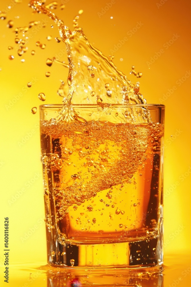 Poster golden liquid splash in glass against vibrant yellow backdrop creating dynamic refreshing compositio