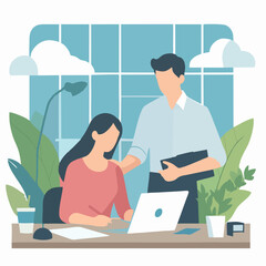 Flat-style vector of two people working together in a neat productivity workspace. Clean colors and shapes, perfect for team and office themes.