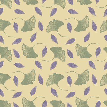 Seamless botanical pattern ginkgo leaves, plant leaves, in pastel green shades

