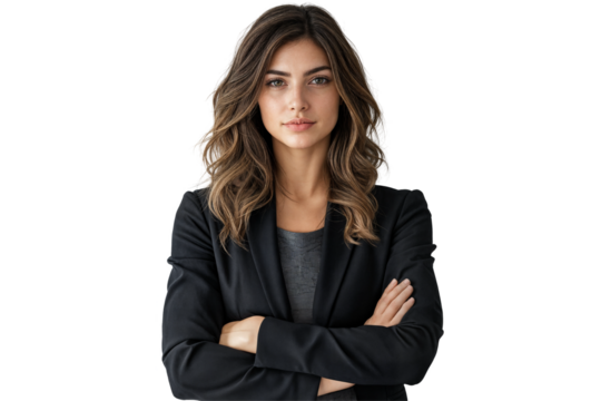 Confident businesswoman with arms crossed wearing black blazer and serious expression isolated on transparent background