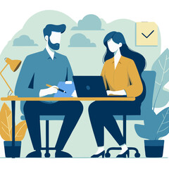Flat-style vector of two people working together in a neat productivity workspace. Clean colors and shapes, perfect for team and office themes.