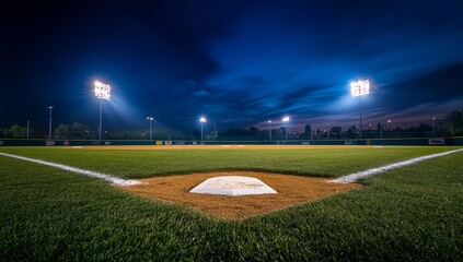 Illuminated baseball diamond at twilight.  A well-maintained baseball field, lit by powerful stadium lights, is captured at dusk.  