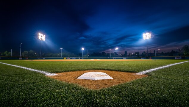 Fototapeta Illuminated baseball diamond at twilight.  A well-maintained baseball field, lit by powerful stadium lights, is captured at dusk.  