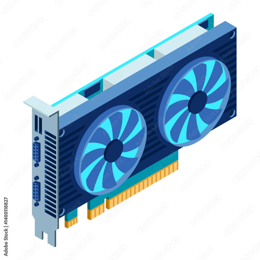 Poster 3d isometric video graphic card. isometric of device graphic card. personal computer hardware compon