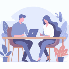 Fototapeta premium Flat-style vector of two people working together in a neat productivity workspace. Clean colors and shapes, perfect for team and office themes.