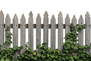 Rustic Charm of Weathered Wooden Fence Adorned with Lush Green Vines in a Serene Outdoor Garden Setting