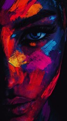 Fototapeta premium A striking close-up portrait of a woman's face adorned with vibrant, multicolored paint, showcasing artistic expression and beauty.