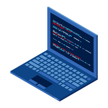 Isometric Laptop. 3d isometric laptop computer. Abstract programming language and program code on a laptop screen. Isometric technology