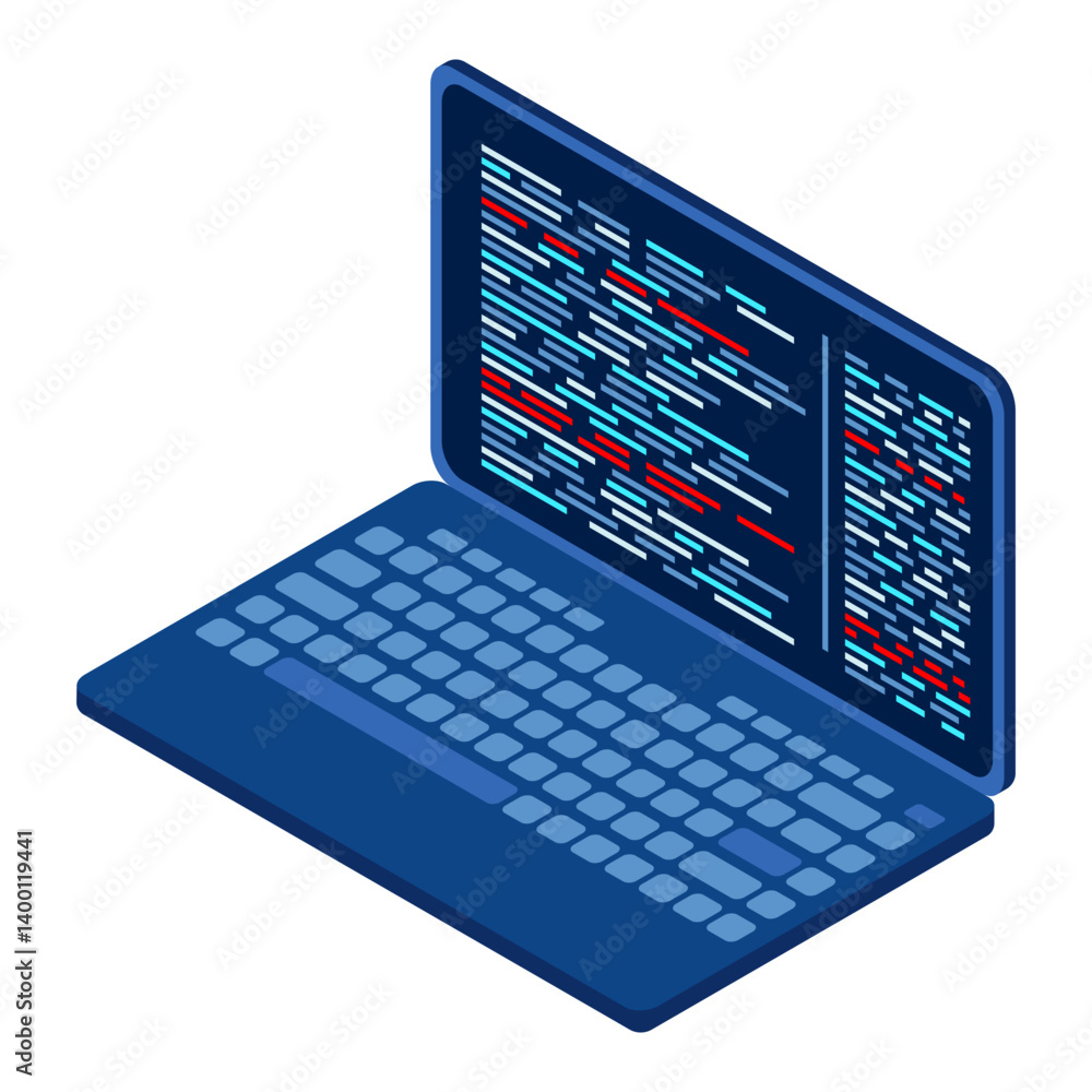 Poster Isometric Laptop. 3d isometric laptop computer. Abstract programming language and program code on a laptop screen. Isometric technology