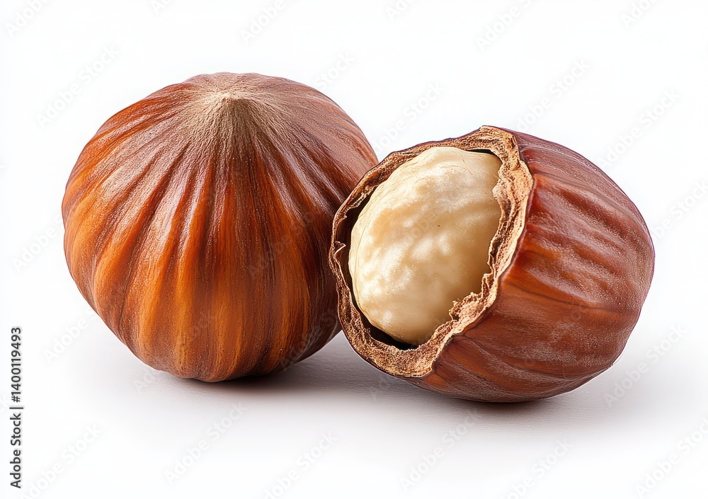 Poster close-up of whole and split hazelnuts with textured shells on light background