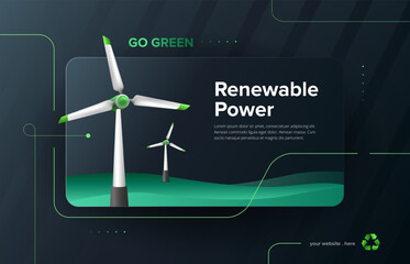3D renewable power concept with turbine power background. Modern ecology Line art template. Vector illustration.