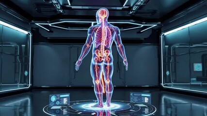 Abstract medical hologram displaying human anatomy in modern laboratory for advanced health diagnostics
