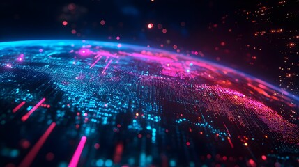 Obraz premium Digital data streams in neon colors circling the globe. Concept: global communication and connectivity, data flow, technological advancement. ideal for tech industries, digital networks, cybersecurity