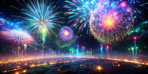 Glitch-effect fireworks exploding in digital universe