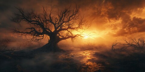 A hauntingly beautiful silhouette of a gnarled tree against a dramatic, fiery sky. Evokes feelings of solitude and mystique in nature's realm.