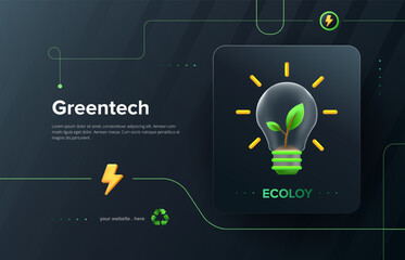 Line art style 3D green tech concept with eco lightbulb. Ecology design template. Vector illustration.