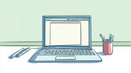 Fototapeta premium A minimalist workspace featuring a laptop with a blank screen, surrounded by pens and a pencil holder on a clean desk, inspiring creativity.