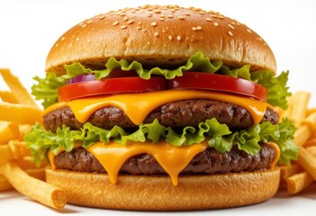 Classic cheeseburger with fries on white
