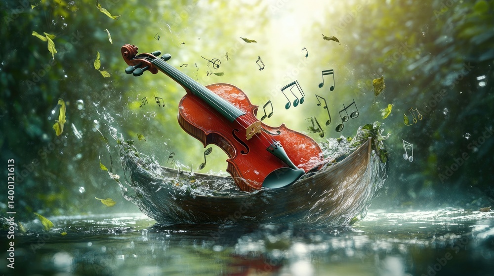 Poster A violin floating down a river like a boat with musical notes trailing behind