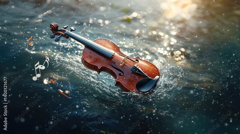 Aufkleber A violin floating down a river like a boat with musical notes trailing behind
