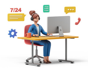 A woman with headphones at a desk, working on a laptop, symbolizing customer support and communication. 3D rendering, conceptual image. Isolated on white background.